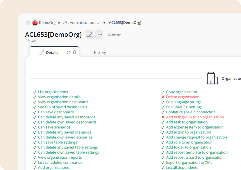 Psoda screenshot of the various access control list options